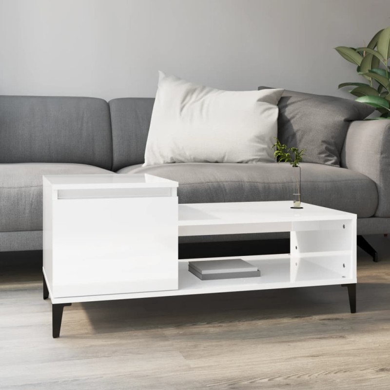 vidaXL Mesa de centro madera contrachapada blanco brillo 100x50x45 cm
