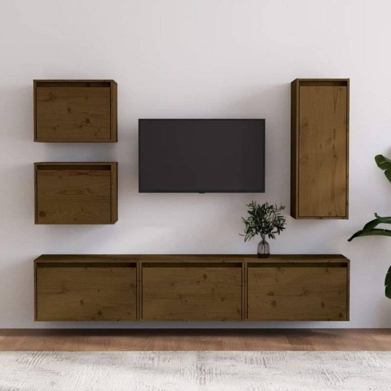 vidaXL Muebles para TV 6 piezas madera maciza de pino marrón miel vidaXL Muebles para TV 6 piezas madera maciza de pino marrón miel