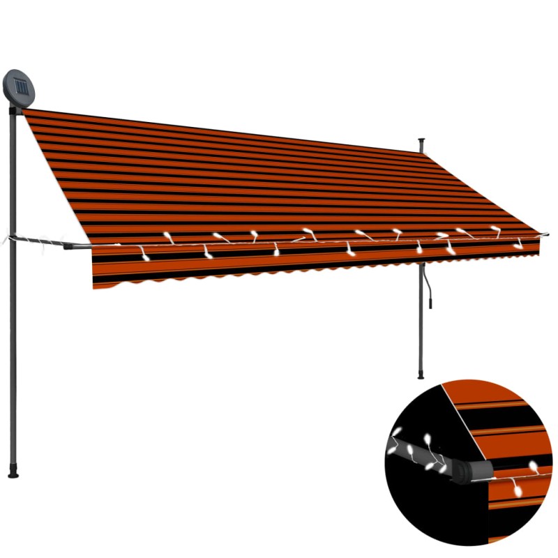 vidaXL Toldo manual retráctil con LED naranja y marrón 350 cm vidaXL Toldo manual retráctil con LED naranja y marrón 350 cm