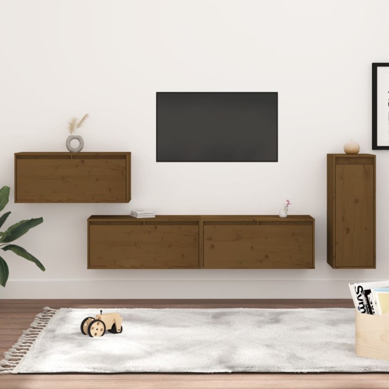 vidaXL Muebles para TV 4 piezas madera maciza de pino marrón miel vidaXL Muebles para TV 4 piezas madera maciza de pino marrón miel