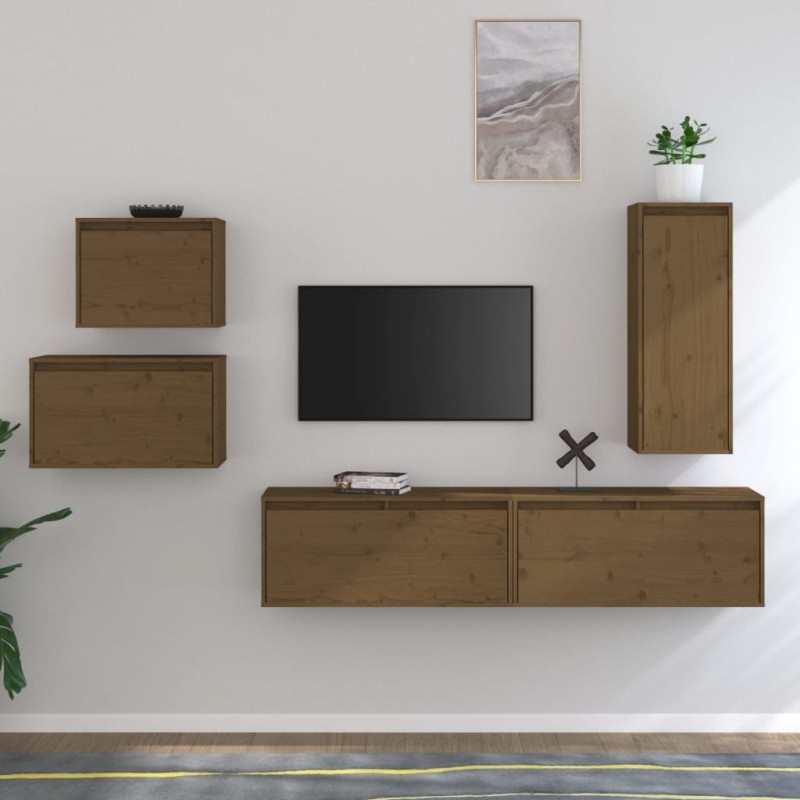 vidaXL Muebles para TV 5 piezas madera maciza de pino marrón miel vidaXL Muebles para TV 5 piezas madera maciza de pino marrón miel
