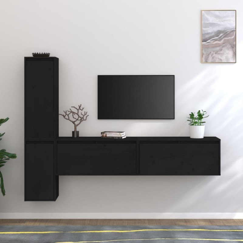 vidaXL Muebles para TV 4 piezas madera maciza de pino negro vidaXL Muebles para TV 4 piezas madera maciza de pino negro
