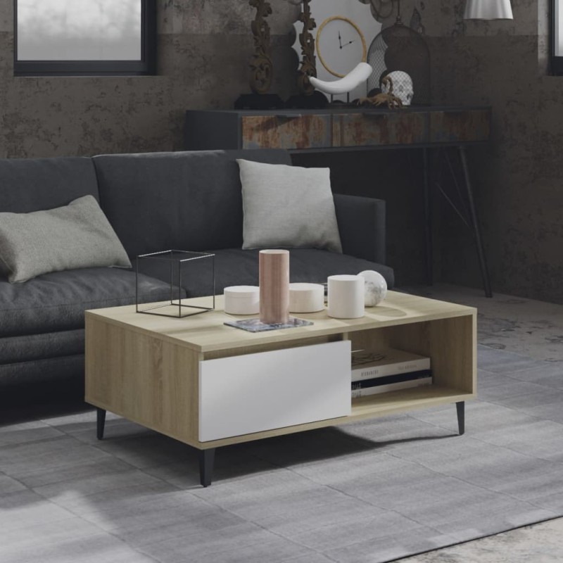 vidaXL Mesa de centro madera contrachapada blanco y roble 90x60x35 cm vidaXL Mesa de centro madera contrachapada blanco y roble 90x60x35 cm