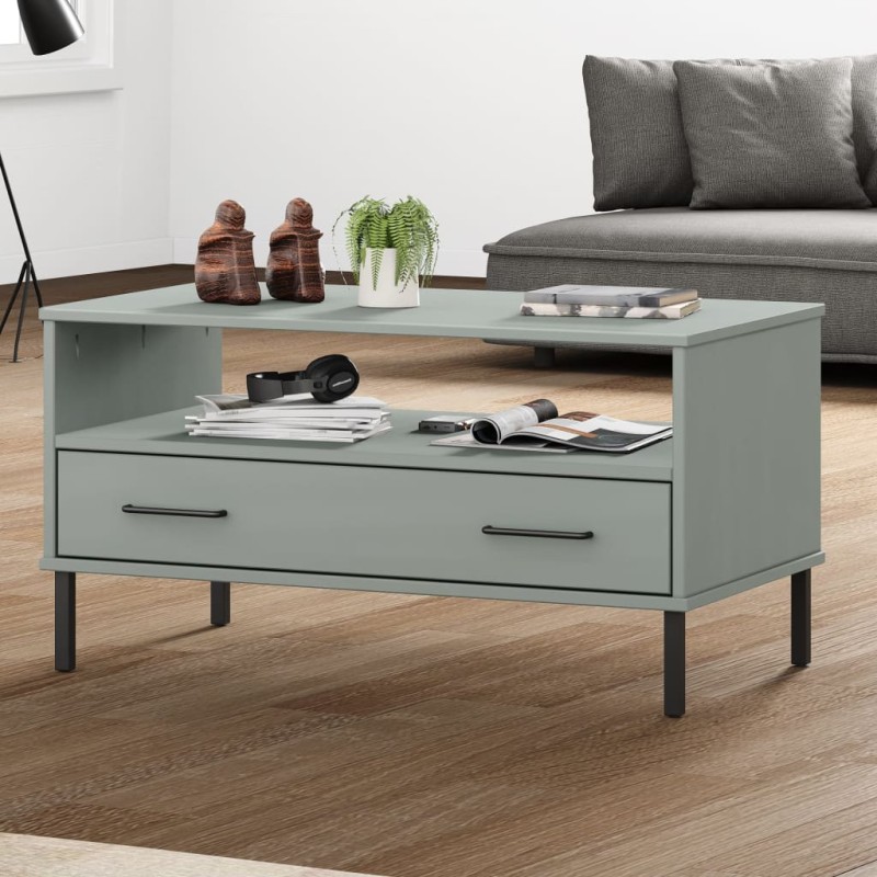 vidaXL Mesa de centro patas metal OSLO madera maciza gris 85x50x45 cm vidaXL Mesa de centro patas metal OSLO madera maciza gris 85x50x45 cm