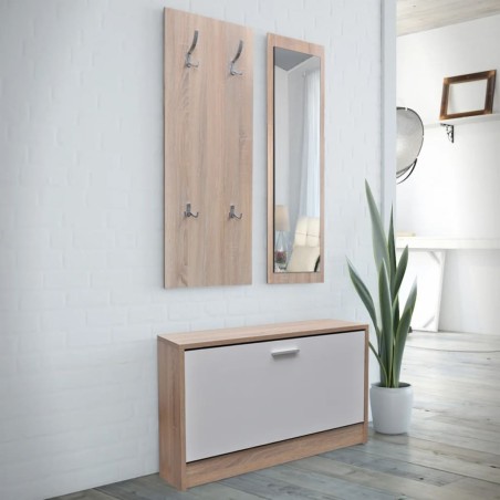 vidaXL Muebles de entradita con zapatero madera 3 color roble y blanco