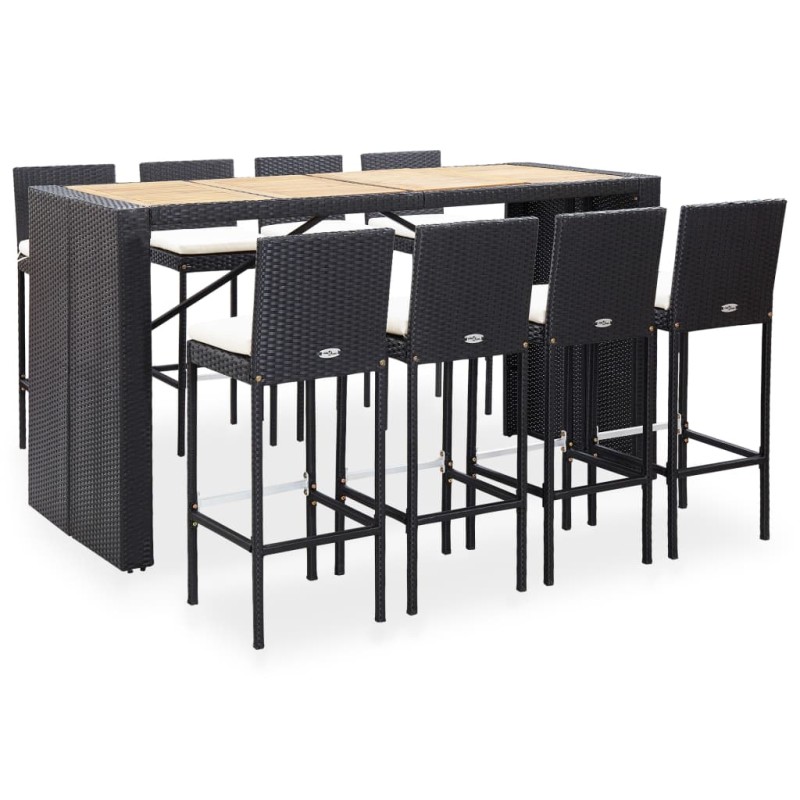 vidaXL Mesa y sillas bar jardín 9 pzas ratán sintético y madera negro