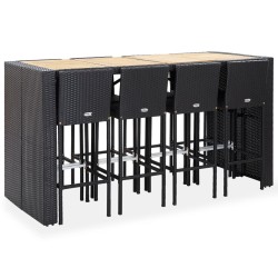 vidaXL Mesa y sillas bar jardín 9 pzas ratán sintético y madera negro