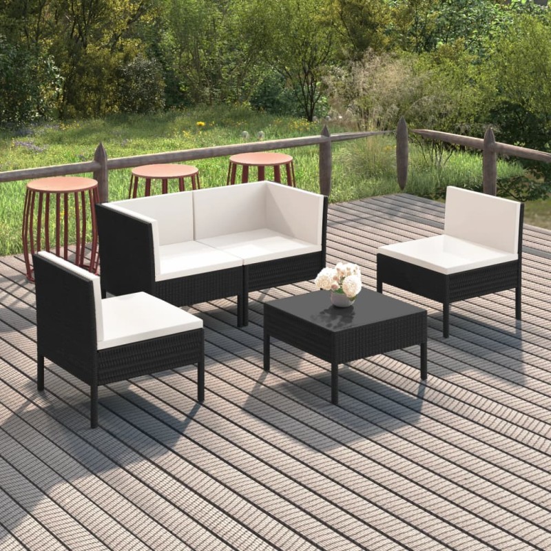 vidaXL Set de muebles de jardín 5 pzas y cojines ratán sintético negro vidaXL Set de muebles de jardín 5 pzas y cojines ratán sintético negro