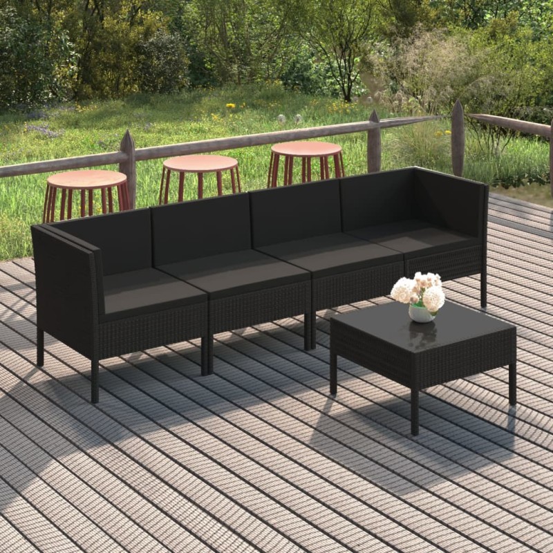 vidaXL Set de muebles de jardín 5 pzas y cojines ratán sintético negro vidaXL Set de muebles de jardín 5 pzas y cojines ratán sintético negro