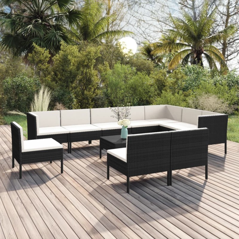 vidaXL Set de muebles de jardín 11 pzas cojines ratán sintético negro vidaXL Set de muebles de jardín 11 pzas cojines ratán sintético negro