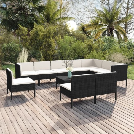 vidaXL Set de muebles de jardín 11 pzas cojines ratán sintético negro