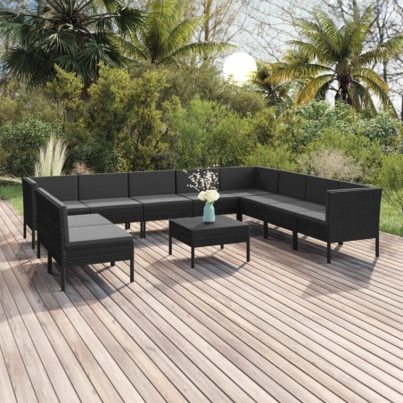 vidaXL Set de muebles de jardín 11 pzas cojines ratán sintético negro