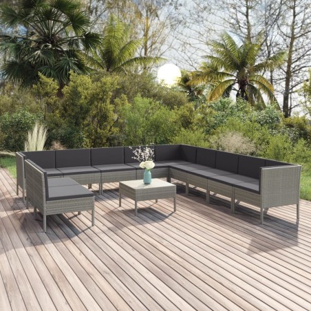 vidaXL Set de muebles de jardín 12 pzas y cojines ratán sintético gris