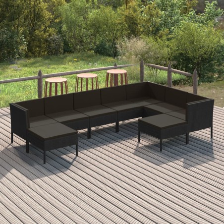 vidaXL Set muebles de jardín 9 pzas y cojines ratán sintético negro