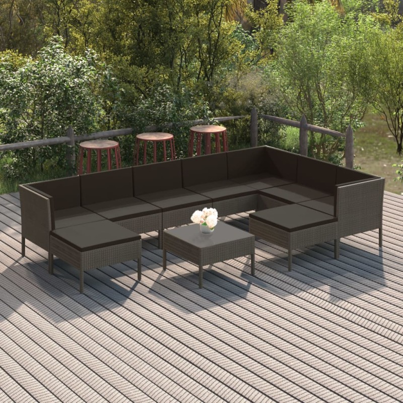 vidaXL Set de muebles de jardín 10 pzas y cojines ratán sintético gris vidaXL Set de muebles de jardín 10 pzas y cojines ratán sintético gris