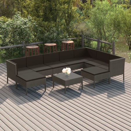 vidaXL Set de muebles de jardín 10 pzas y cojines ratán sintético gris