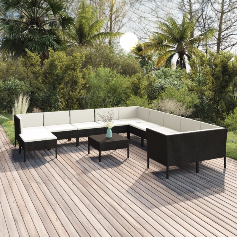 vidaXL Set muebles de jardín 12 pzas y cojines ratán sintético negro vidaXL Set muebles de jardín 12 pzas y cojines ratán sintético negro