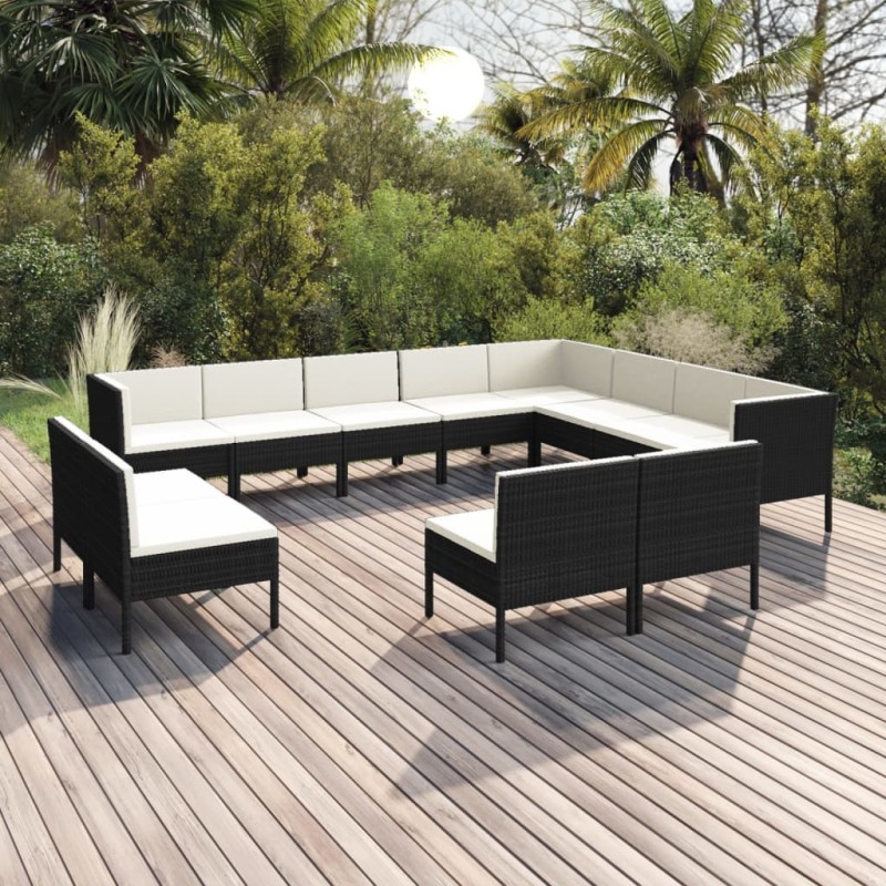 vidaXL Set de muebles de jardín 12 pzas cojines ratán sintético negro