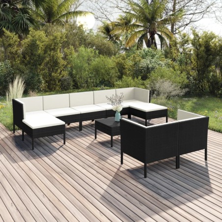 vidaXL Set muebles de jardín 10 pzas y cojines ratán sintético negro