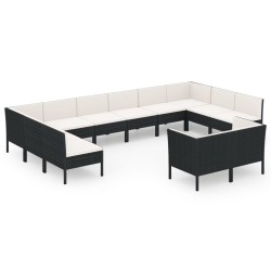 vidaXL Set muebles de jardín 12 pzas y cojines ratán sintético negro