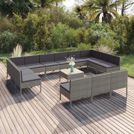 vidaXL Set de muebles de jardín 14 pzas y cojines ratán sintético gris