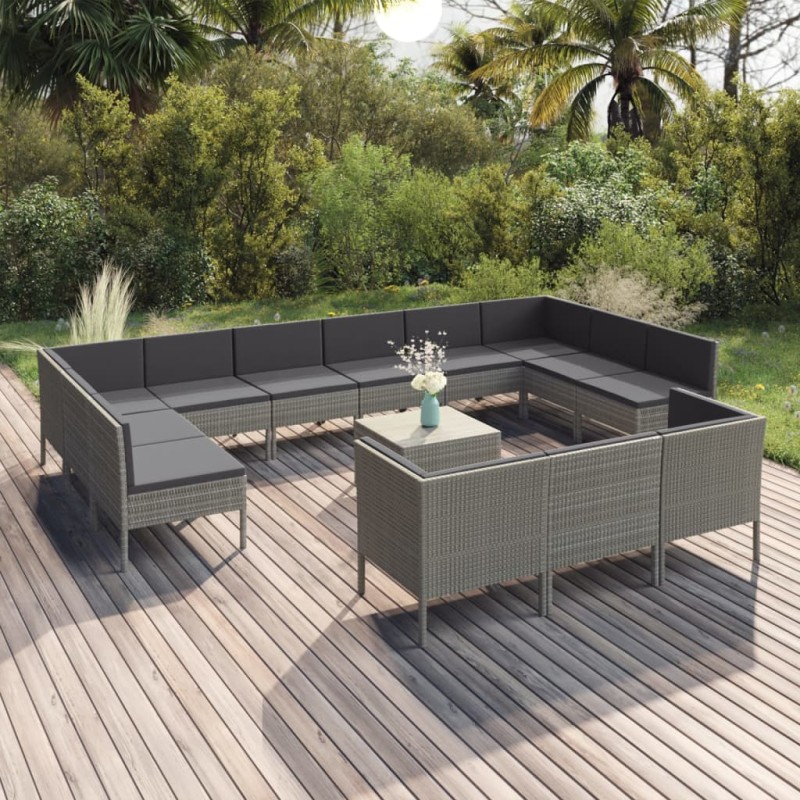vidaXL Set de muebles de jardín 14 pzas y cojines ratán sintético gris vidaXL Set de muebles de jardín 14 pzas y cojines ratán sintético gris
