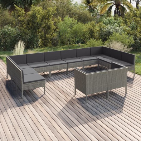 vidaXL Set de muebles de jardín 12 pzas y cojines ratán sintético gris