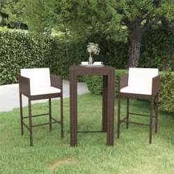 vidaXL Set de bar de jardín 3 piezas y cojines ratán sintético marrón