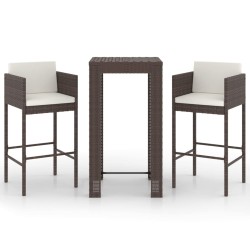 vidaXL Set de bar de jardín 3 piezas y cojines ratán sintético marrón