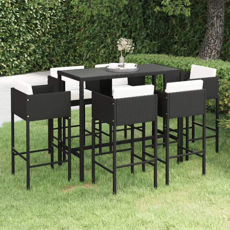vidaXL Set de bar de jardín 7 pzas y cojines ratán sintético negro vidaXL Set de bar de jardín 7 pzas y cojines ratán sintético negro
