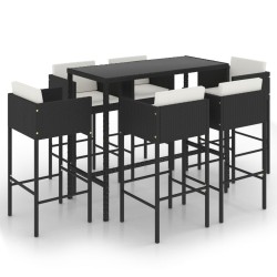 vidaXL Set de bar de jardín 7 pzas y cojines ratán sintético negro
