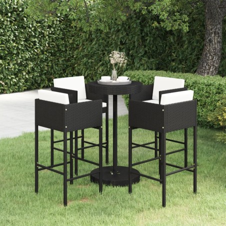 vidaXL Set de bar para jardín 5 pzas y cojines ratán sintético negro