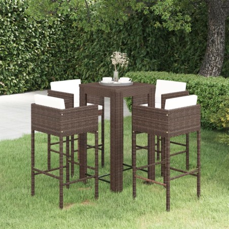 vidaXL Set de bar para jardín 5 pzas y cojines ratán sintético marrón