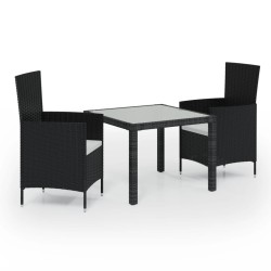 vidaXL Juego de comedor exterior 3 pzas con cojines ratán negro