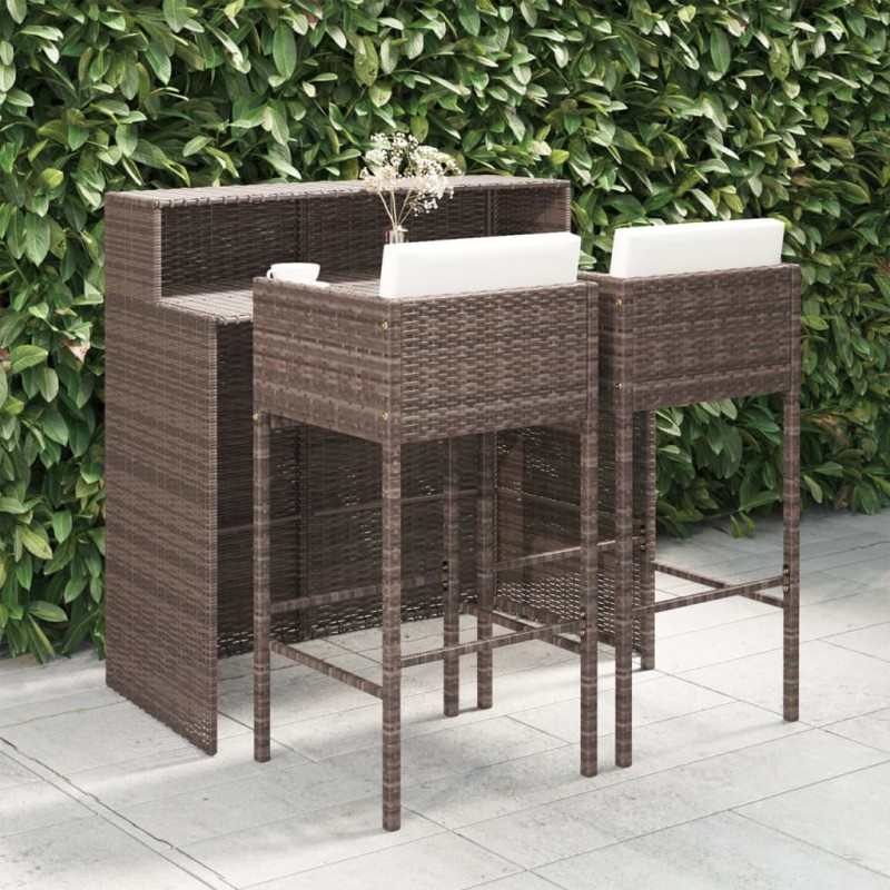 vidaXL Set de bar de jardín 3 piezas y cojines ratán sintético marrón vidaXL Set de bar de jardín 3 piezas y cojines ratán sintético marrón