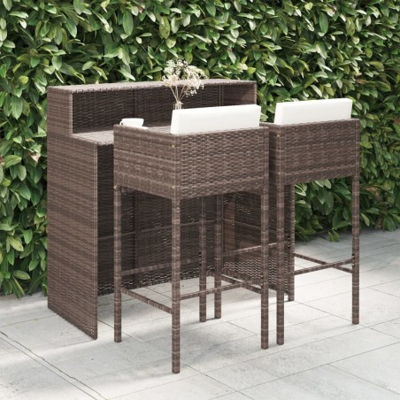 vidaXL Set de bar de jardín 3 piezas y cojines ratán sintético marrón