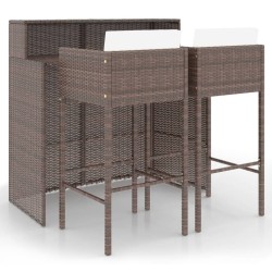 vidaXL Set de bar de jardín 3 piezas y cojines ratán sintético marrón