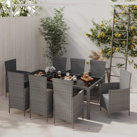 vidaXL Set de comedor de jardín 9 pzas y cojines ratán sintético gris