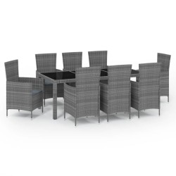 vidaXL Set de comedor de jardín 9 pzas y cojines ratán sintético gris