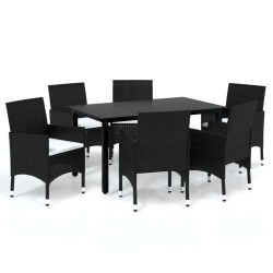 vidaXL Set de comedor de jardín 7 pzas y cojines ratán sintético negro