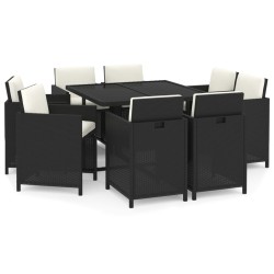 vidaXL Set de comedor de jardín 9 pzas y cojines ratán sintético negro