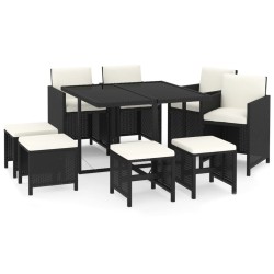 vidaXL Set de comedor de jardín 9 pzas y cojines ratán sintético negro