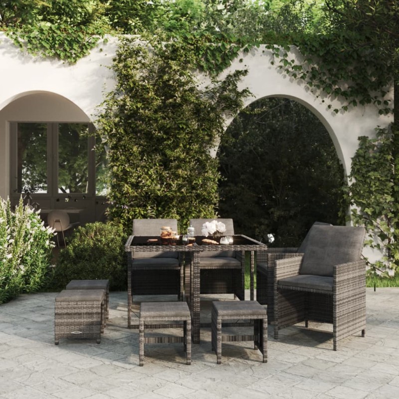 vidaXL Set comedor jardín 9 pzas y cojines ratán sintético gris vidaXL Set comedor jardín 9 pzas y cojines ratán sintético gris