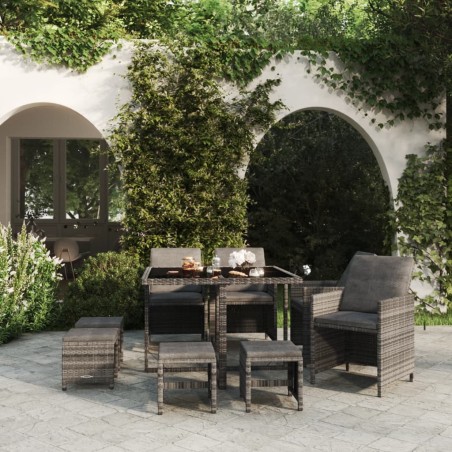 vidaXL Set comedor jardín 9 pzas y cojines ratán sintético gris