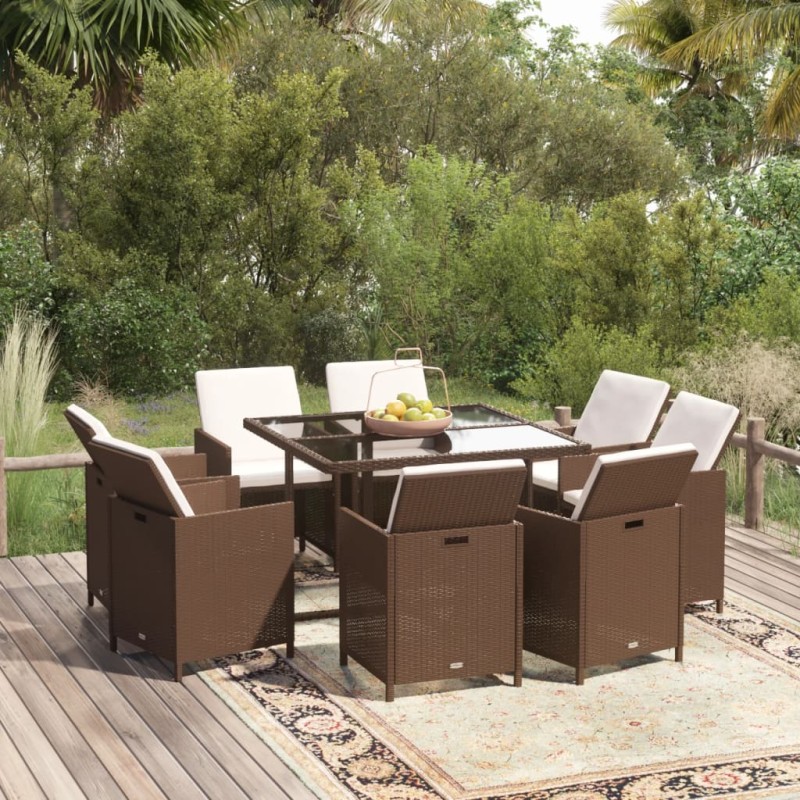 vidaXL Set de comedor jardín 9 pzas y cojines ratán sintético marrón vidaXL Set de comedor jardín 9 pzas y cojines ratán sintético marrón