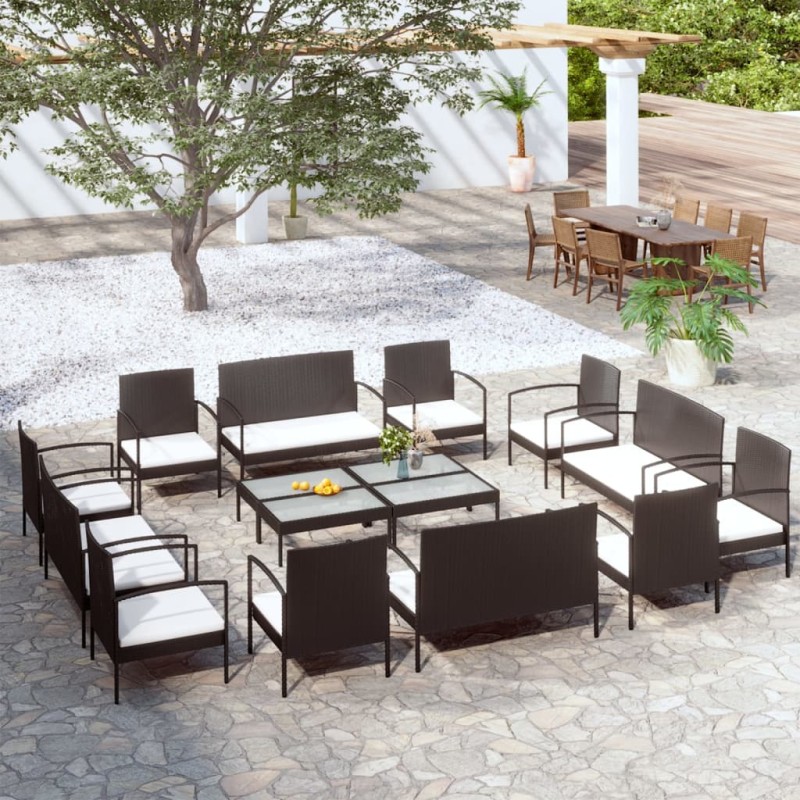 vidaXL Set muebles de jardín 16 piezas y cojines ratán sintético negro vidaXL Set muebles de jardín 16 piezas y cojines ratán sintético negro
