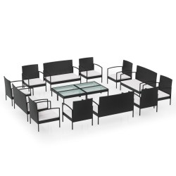 vidaXL Set muebles de jardín 16 piezas y cojines ratán sintético negro