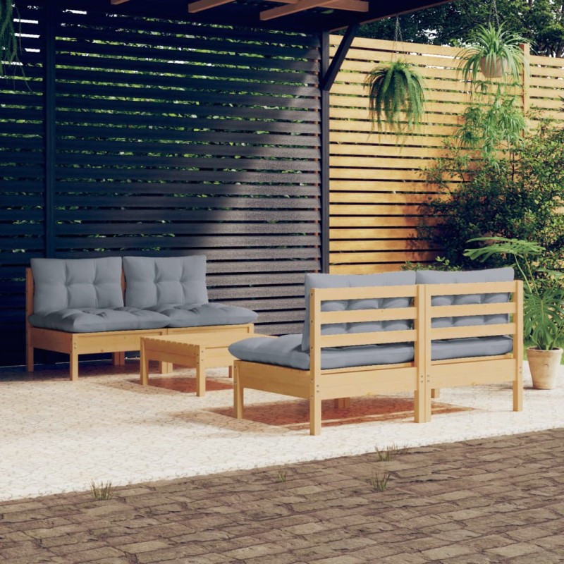 vidaXL Juego de muebles de jardín 5 pzas y cojines madera pino gris vidaXL Juego de muebles de jardín 5 pzas y cojines madera pino gris