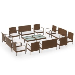 vidaXL Set muebles de jardín 16 pzas y cojines ratán sintético marrón