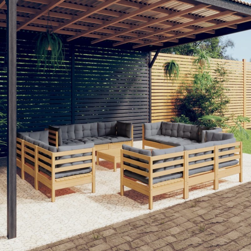 vidaXL Juego de muebles de jardín 13 pzas y cojines madera pino gris vidaXL Juego de muebles de jardín 13 pzas y cojines madera pino gris